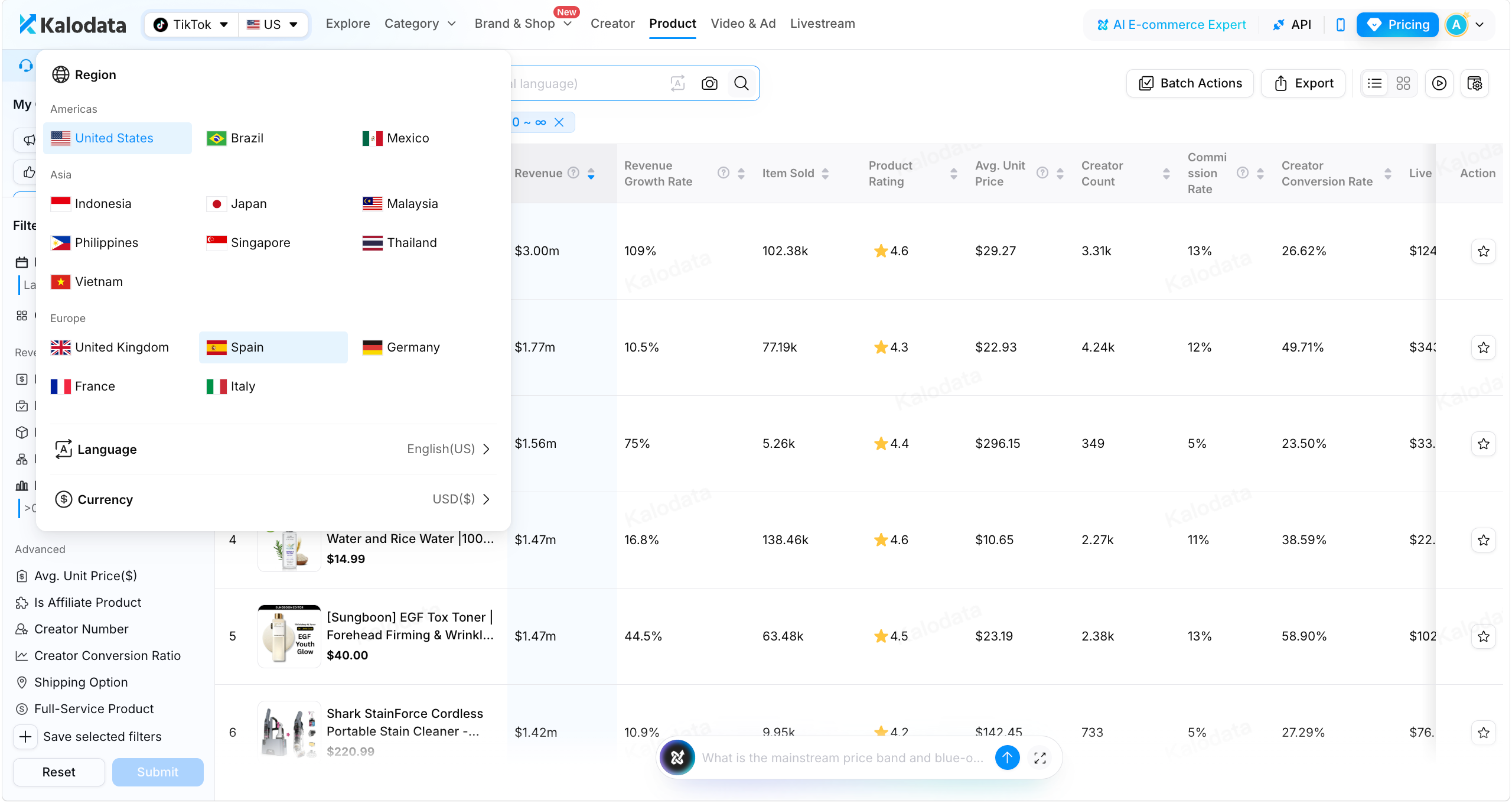 Kalodata market selector with the United States selected